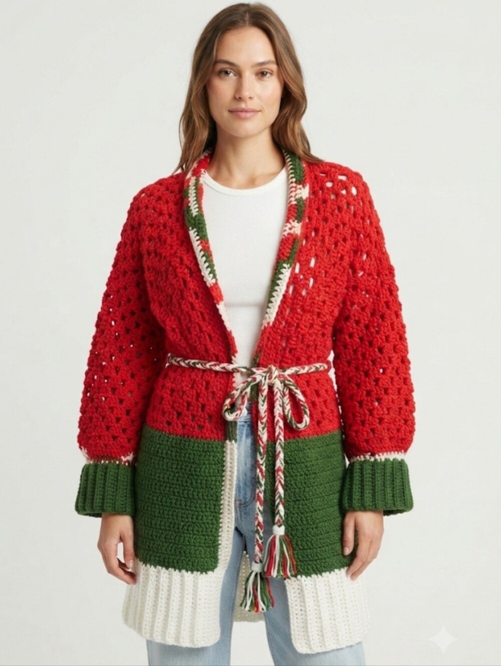 Handmade Crochet Christmas Cardigan Red Green White Grannycore OOAK Sweater